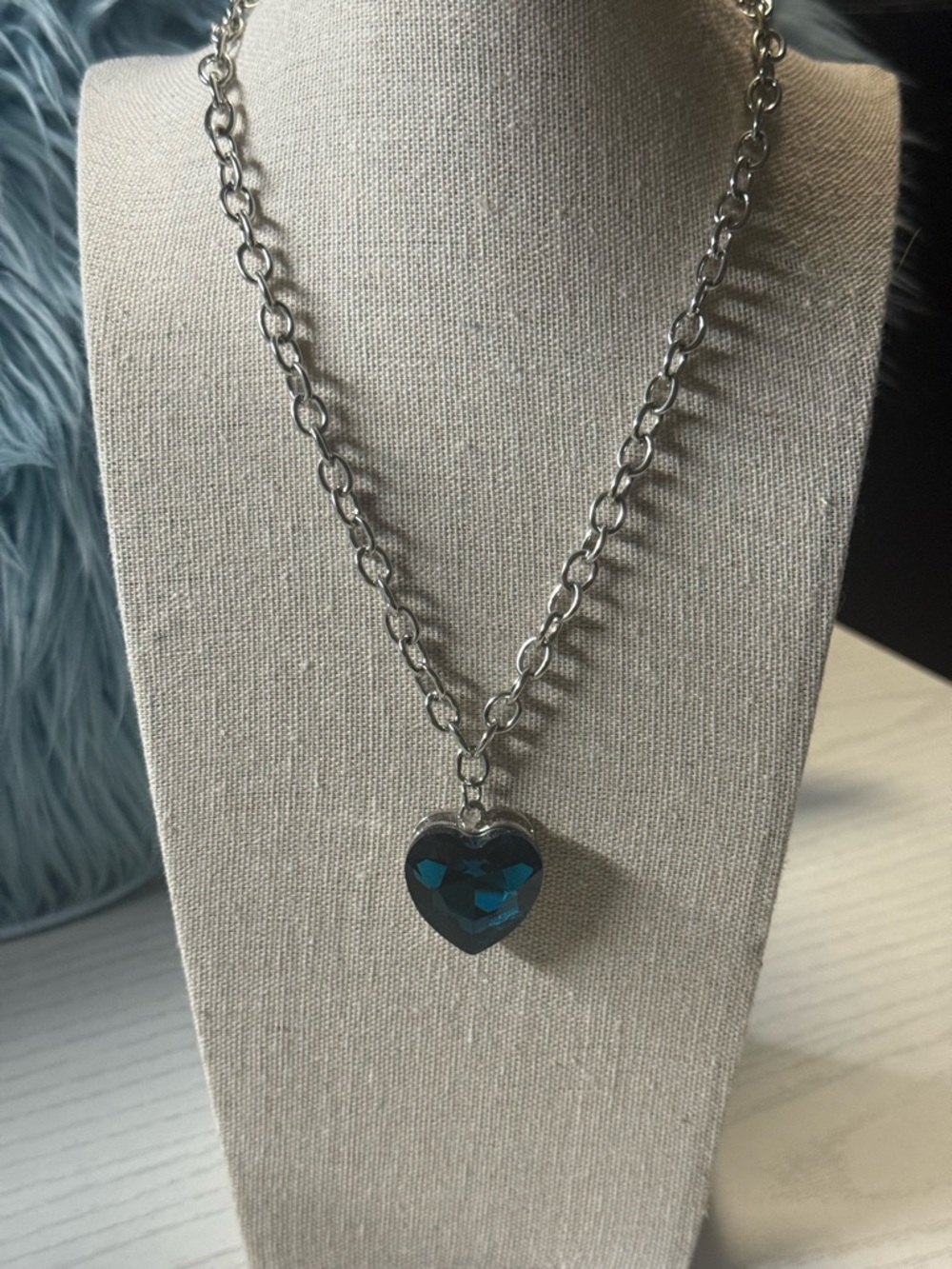 Silver Chain Necklace with Blue Heart Pendant - Women Jewelry